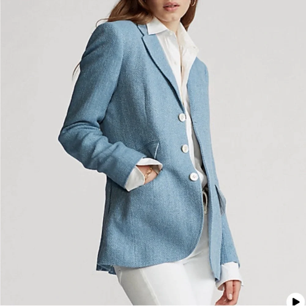 New Polo Ralph Lauren Blazer Blue Herringbone Linen Silk - Picture 1 of 15